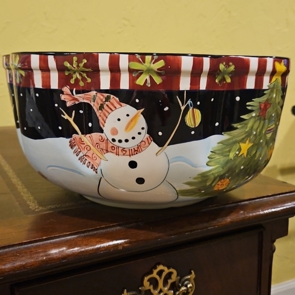 Laurie Gates Christmas Snowman Punch Bowl Large Serving Bowl Rare